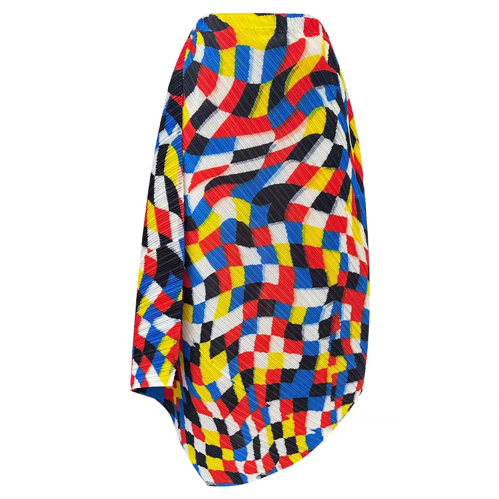 Miyake Irregular Plaid Printed Half Skirt Women's Casual Elastic High Waisted Loose Skirts 2025 Summer New Tide