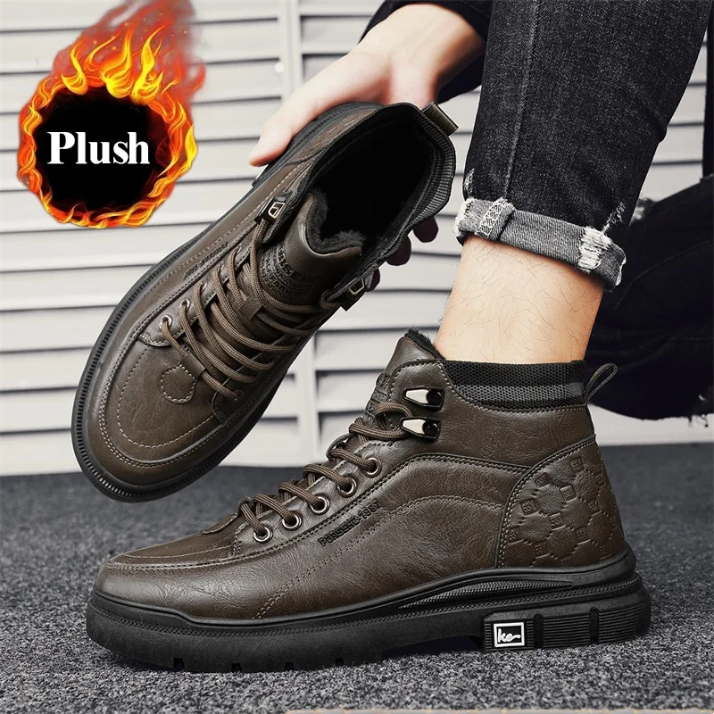 

Мужские зимние хлопчатобумажные ботинки — новый уличный стиль, на подкладке из искусственного меха, теплые, на толстой подошве, увеличивающие рост, нескользящие, высокие икры W