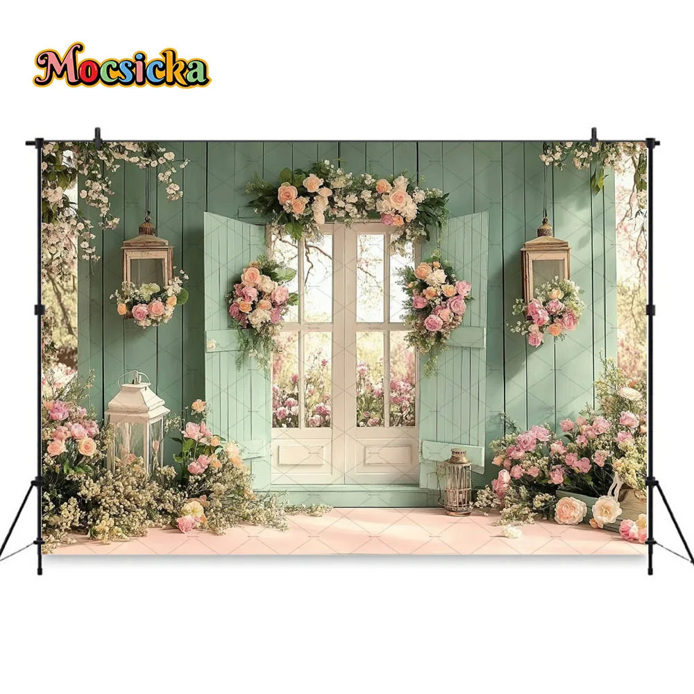 Spring Easter Photography Background Pink Floral Green Rustic Window Backdrop Decor Girl Birthday Cake Smash Photozone Studio