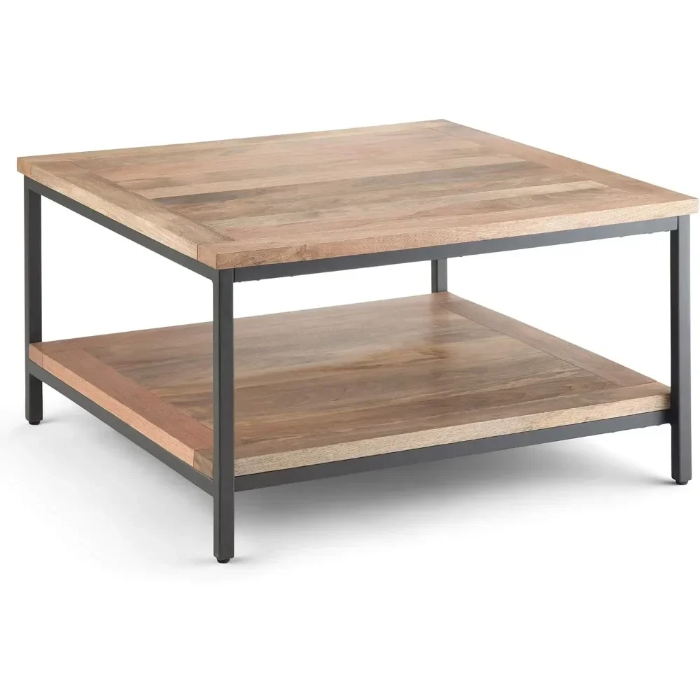 Solid Wood and Metal 34 Inch Wide Square Natural Modern Industrial Coffee Table, Suitable for Living Rooms and Family Rooms