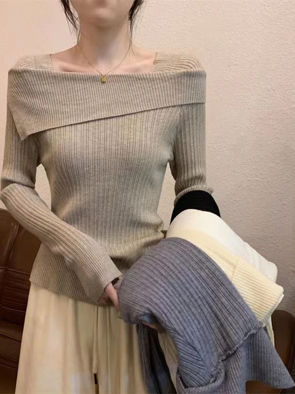 

Fashionable Knitted Base Layer One-Shoulder Square Collar Women's Inner Wear Spring Autumn New Style Soft Comfortable Long Sl...