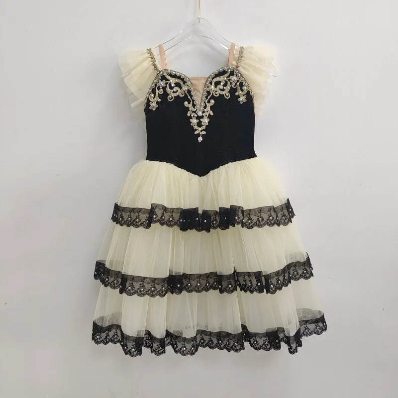 Kids black apricot off-shoulder golden line pattern embroidered ballet tutu dress multi-layer black lace edged dance skirt for b