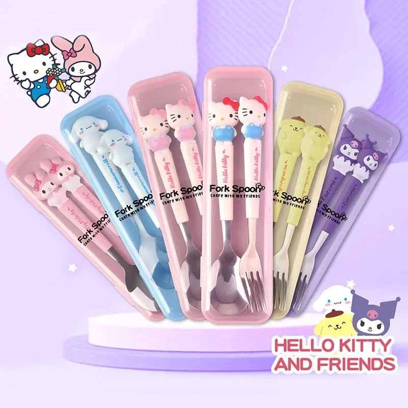 Sanrio Hello Kitty Kuromi Tableware Kawaii Cinnamoroll Cute Spoon Fork Cartoon Student Family Soup Stainless Steel Toys Girls