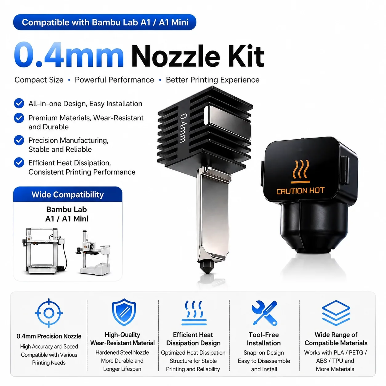 Hotend Kit For Bambu Lab A1/A1 Mini 0.2/0.4/0.6/0.8mm Fast Speed Hardened Steel Nozzle Hot End Assembly For A1 Replacement Parts