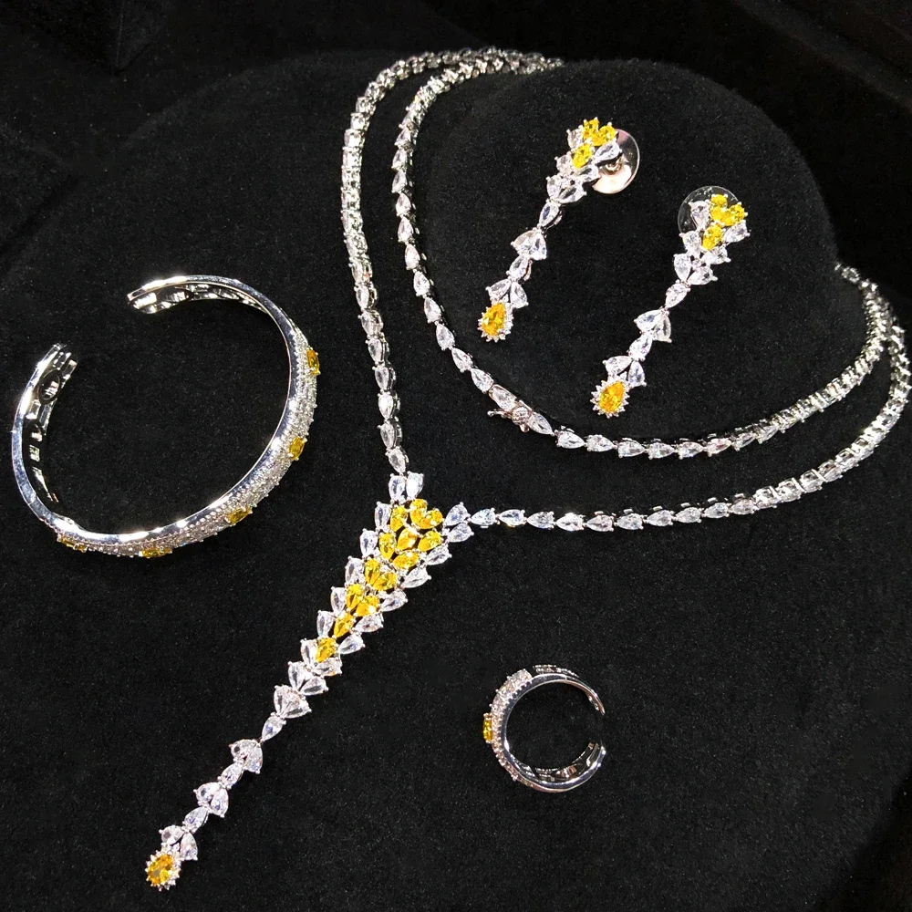 

Soramoore Luxury Gorgeous Long Yellow Necklace Earrings Bangle Ring Jewelry Set Super CZ For Women Ladies Girl Gift High Quality