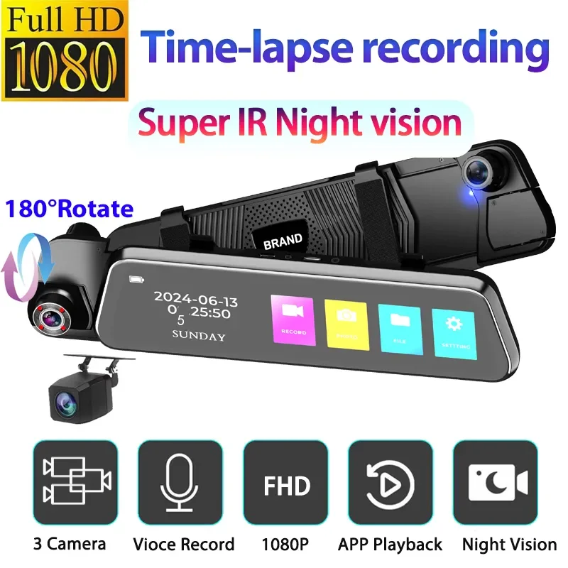 

EKLEVA 9.66" IPS 3CH Car DVR 1080P Front 720P Back Cameras WiFi APP IR Night Vision 24H Parking Monitor G-Sensor Loop Recording
