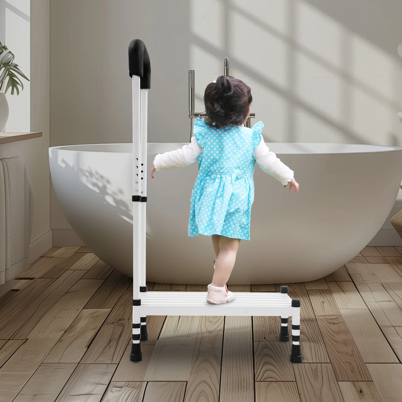 

White Metal Stepping Stool Plastic Spraying Step Stool Adult Ramp with Handrail Comfortable Handle 71-86cm Height