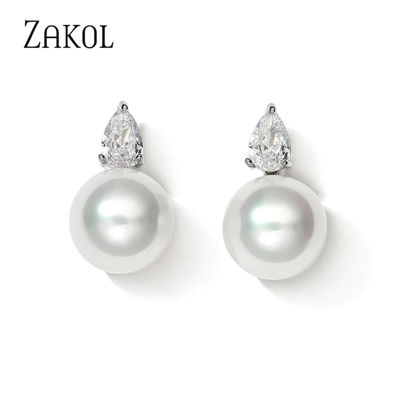 ZAKOL Cute Round Imitation-pearl Stud Earrings for Women Glittering Teardrop Zircon Bridal Earring Fashion Wedding Party Jewelry