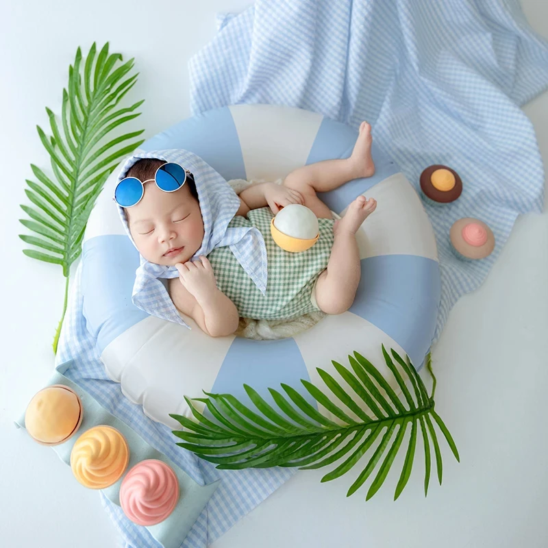 Summer Baby Photography Clothing Color Matching Swimming Ring Ice Cream Newborn Photo Props Baby Clothing + Hat Headscarf Set