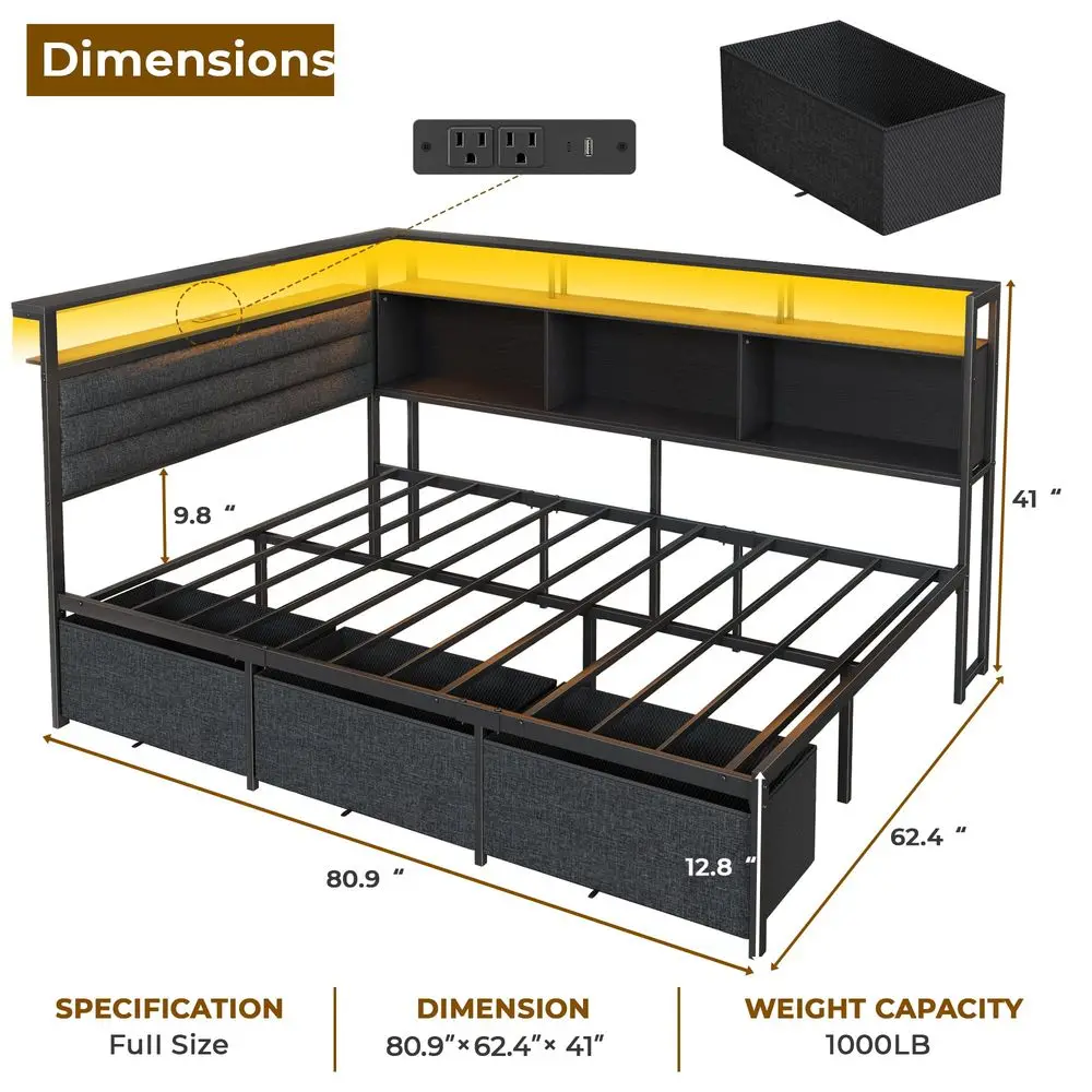 

Full Size Bed Frame with Headboard and Storage Drawers, Full Metal Platform Corner Bed Frame with Charging Station and LED Ligh