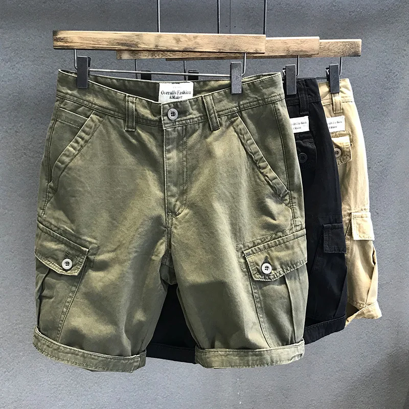 Summer Pure Cotton Solid Color Middle Pants Military Green Men Multiple Pockets Workwear Loose Youth Flipping Edge Casual Shorts