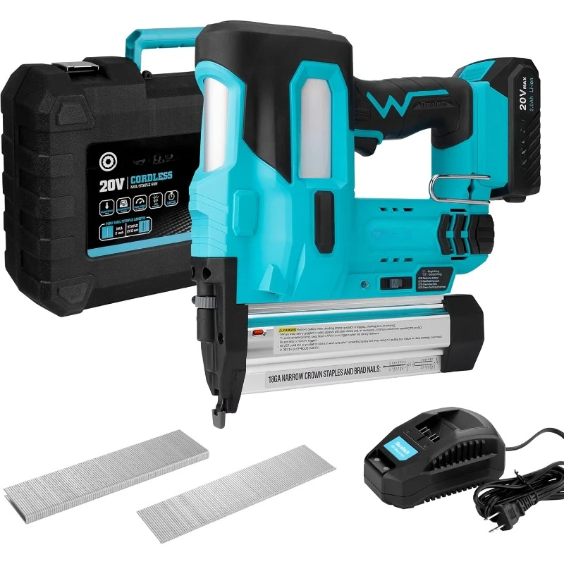 20V Cordless Brad Nailer, 18 Gauge, 2-in-1 Nail/Staple Gun for Upholstery, Carpentry, Including 2.0Ah Rechargeable Battery