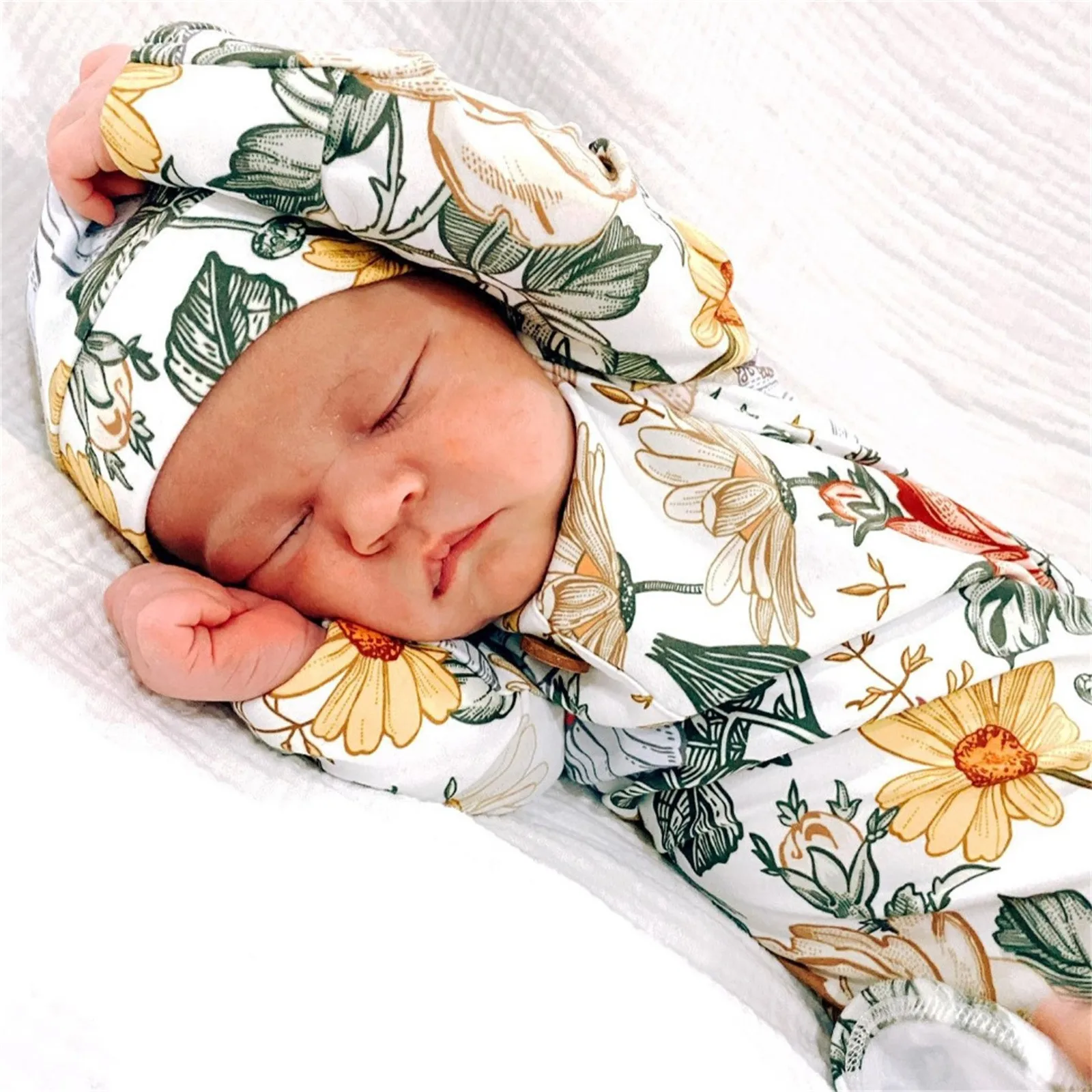 Babies Sleeping Bags Outfit Knotted Sleep Gown Sleepsack Baby Floral Long Sleeve Swaddling Wrap+Cap Set кокон для новорожденных