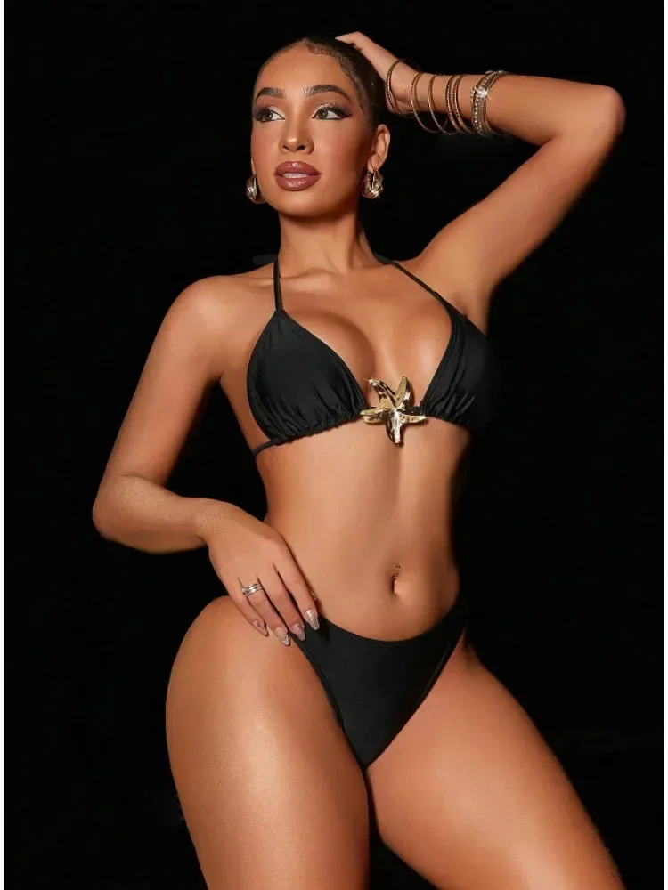 2피스 수영복 여성용 솔리드 블랙 비키니 세트 불가사리 장식 섹시 트라이앵글 홀터 백리스 비치 수영복 2025 신상