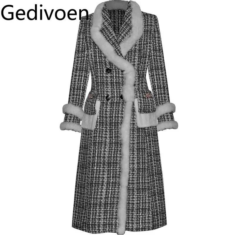 Gedivoen Autumn and Winter Women's Coat Double-breasted Long-Sleeved Pocket Crystal Plaid Vintage Elegant Overcoat