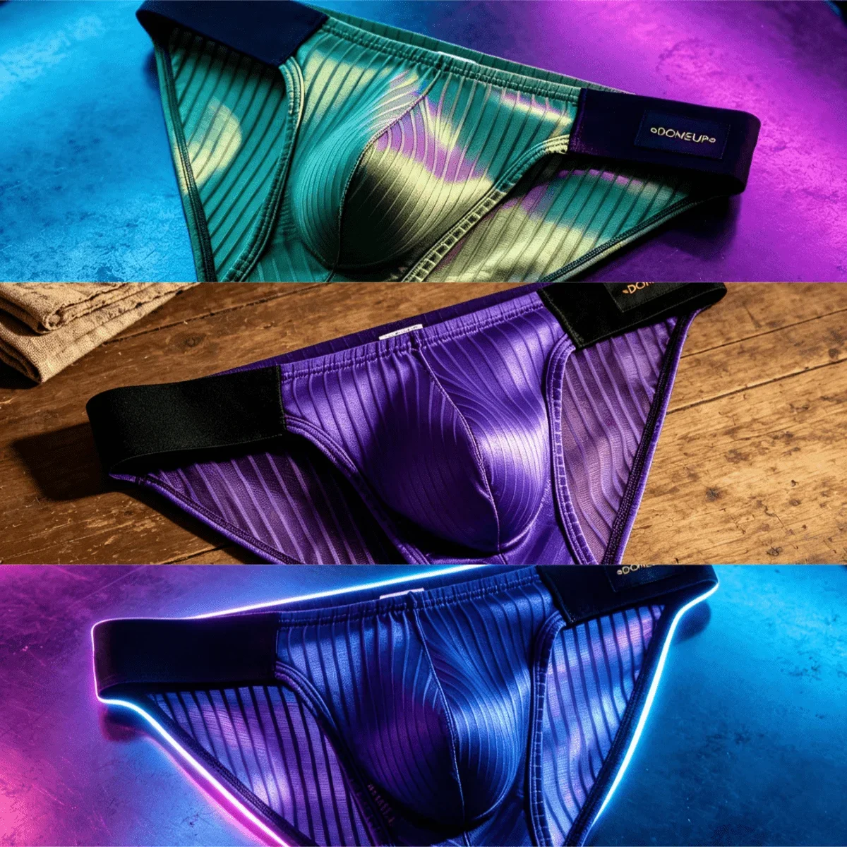 Men's Low Rise Briefs Satin Vertical Texture 3D Pouch Color Block Wide Waistband Breathable Trendy Underwear Multi Colors