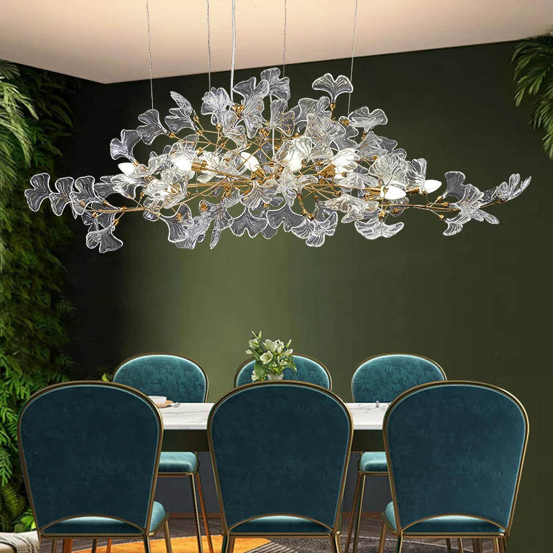 Gold Branch Shaped Glass Ginkgo Leaf Chandelier Leaf Ceiling Pendant Light for Dining Room Bedroom Living Room