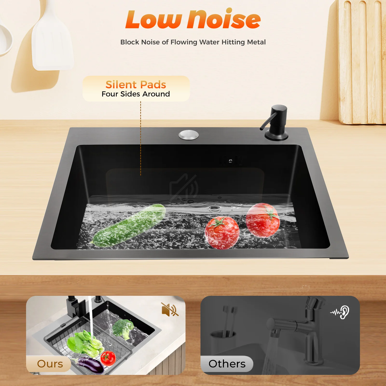 حوض مطبخ أسود من الفولاذ المقاوم للصدأ مقاس 45 × 40 × 20 سم مع موزع صابون للمطابخ والحمامات وغرف الغسيل