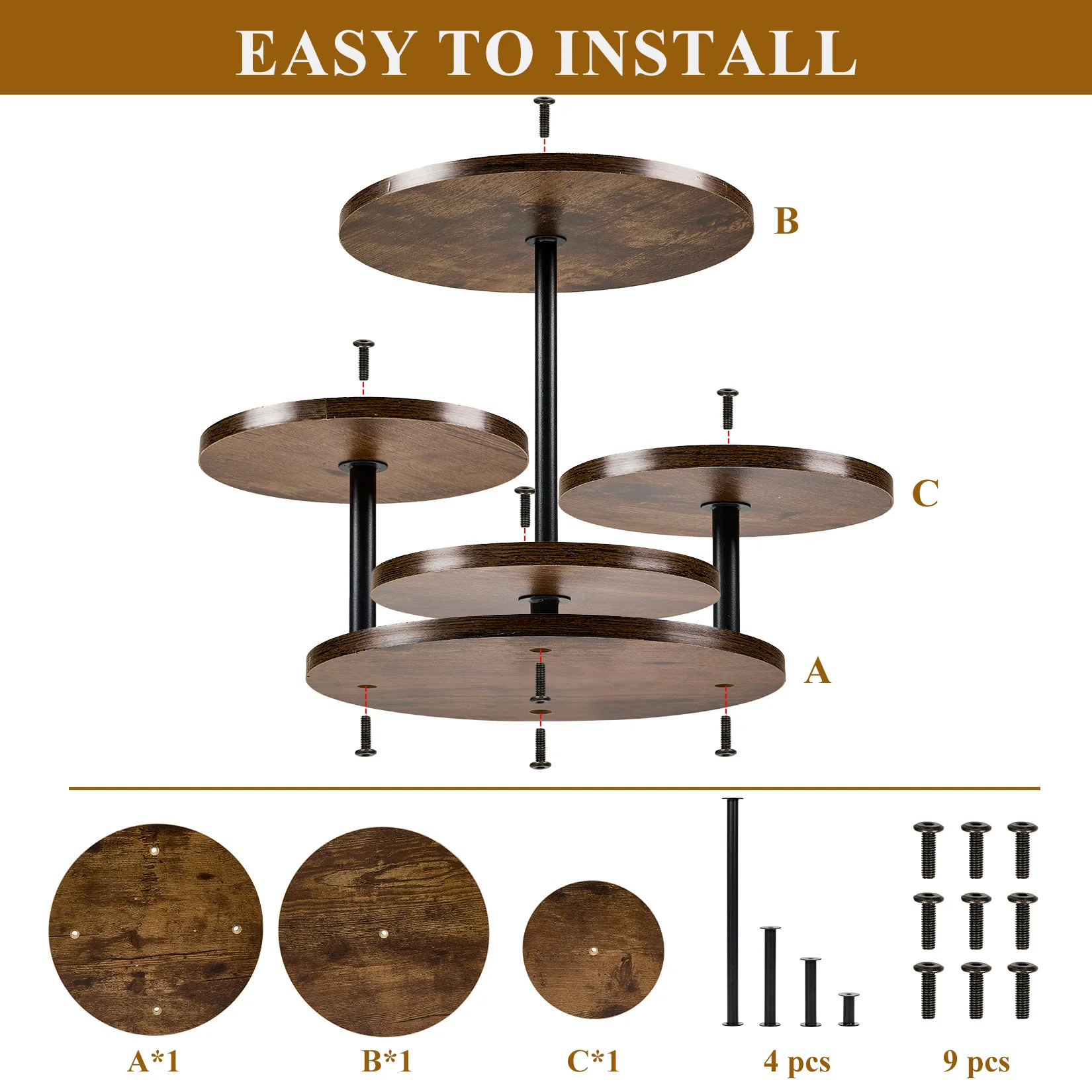 4 Tier Round Wooden Cupcake Display Rack - Vintage Brown MDF - Two 11.8in & Two 7.9in Trays - Farmhouse Dessert & Pastry Stand for Party, Fruit, Home Decor, Multi-Purpose Serving