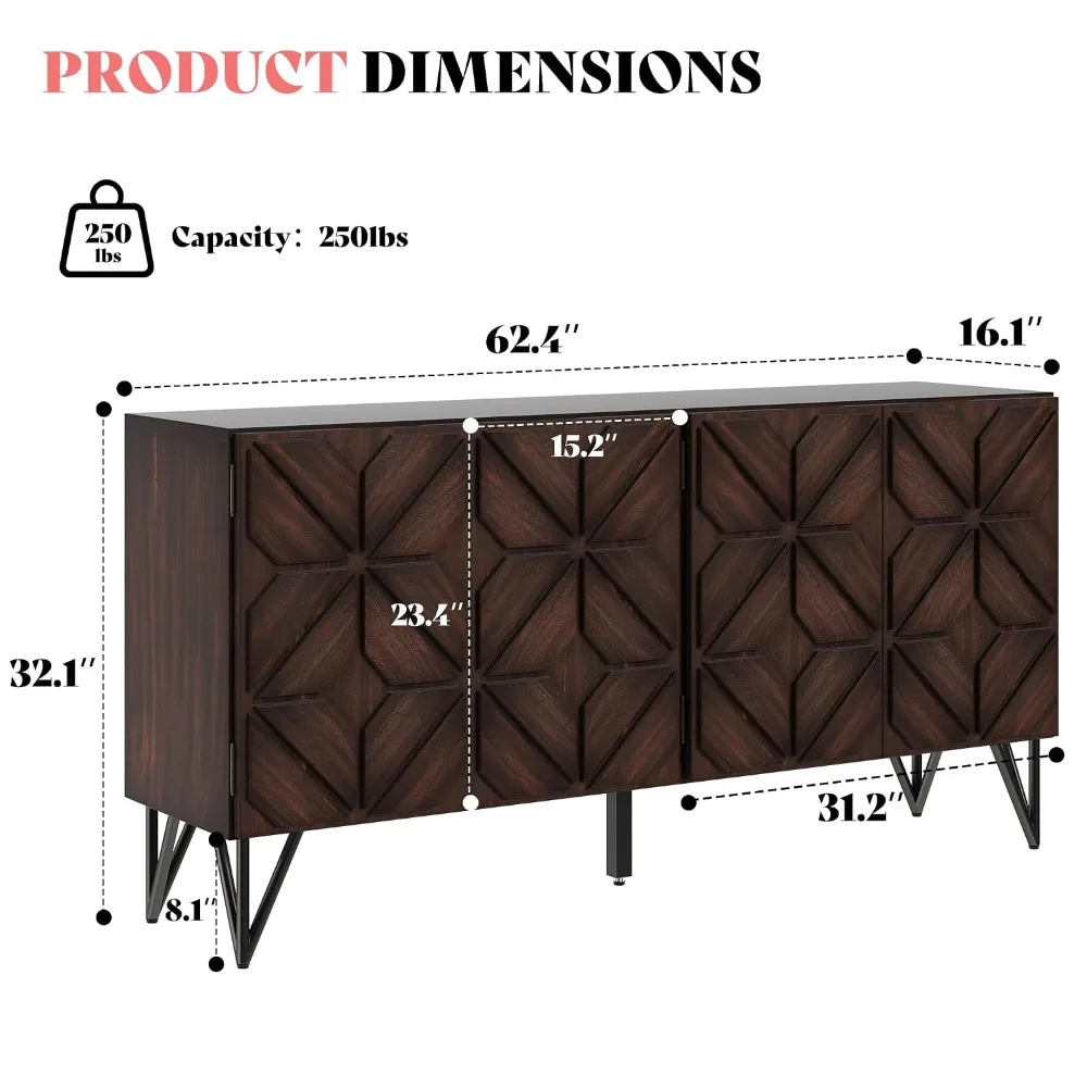 63” Solid Acacia Wood Sideboard Buffet Cabinet, Hand-Carved Geometric Door Console with Adjustable Shelves, Customized