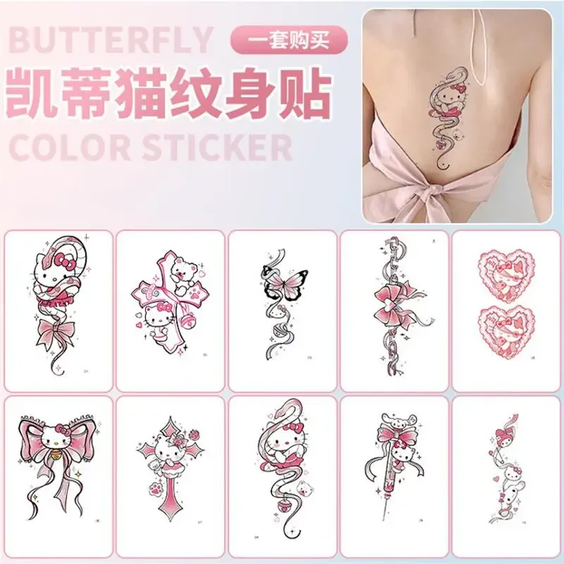 10Pcs Sanrio Hello Kitty Tattoo Sticker Cute Cartoon Girls Sweet Cool Color Waterproof Lasting Full Arm Tattoo Holiday Gifts