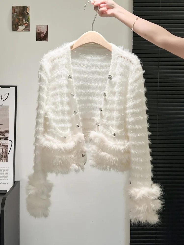 

Осень-зима 202, новый женский двубортный вязаный короткий кардиган из натурального лисьего меха с v-образным вырезом, женские роскошные свитера, пальто
