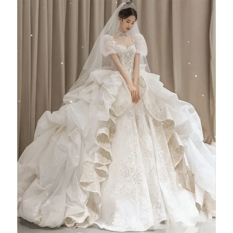 French White Women Wedding Dress New Bride High Quality Luxury Heavy Industry Palace Style Big Tail Main Yarn Cos Bride Suit