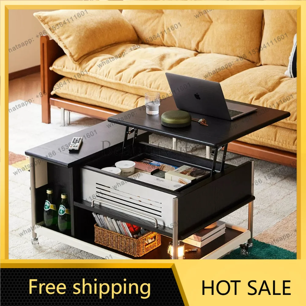 LD retro living room mobile lifting coffee table solid wood folding mobile coffee table cart