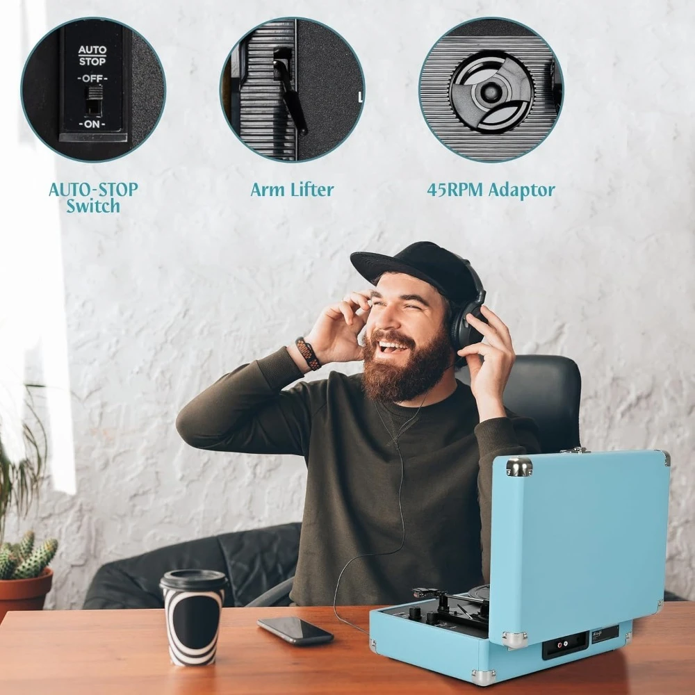 

Винтажный беспроводной Bluetooth проигрыватель виниловых пластинок с динамиками, 3 скорости, ременной привод, RCA, AUX, разъем для наушников, синий — Хит продаж!