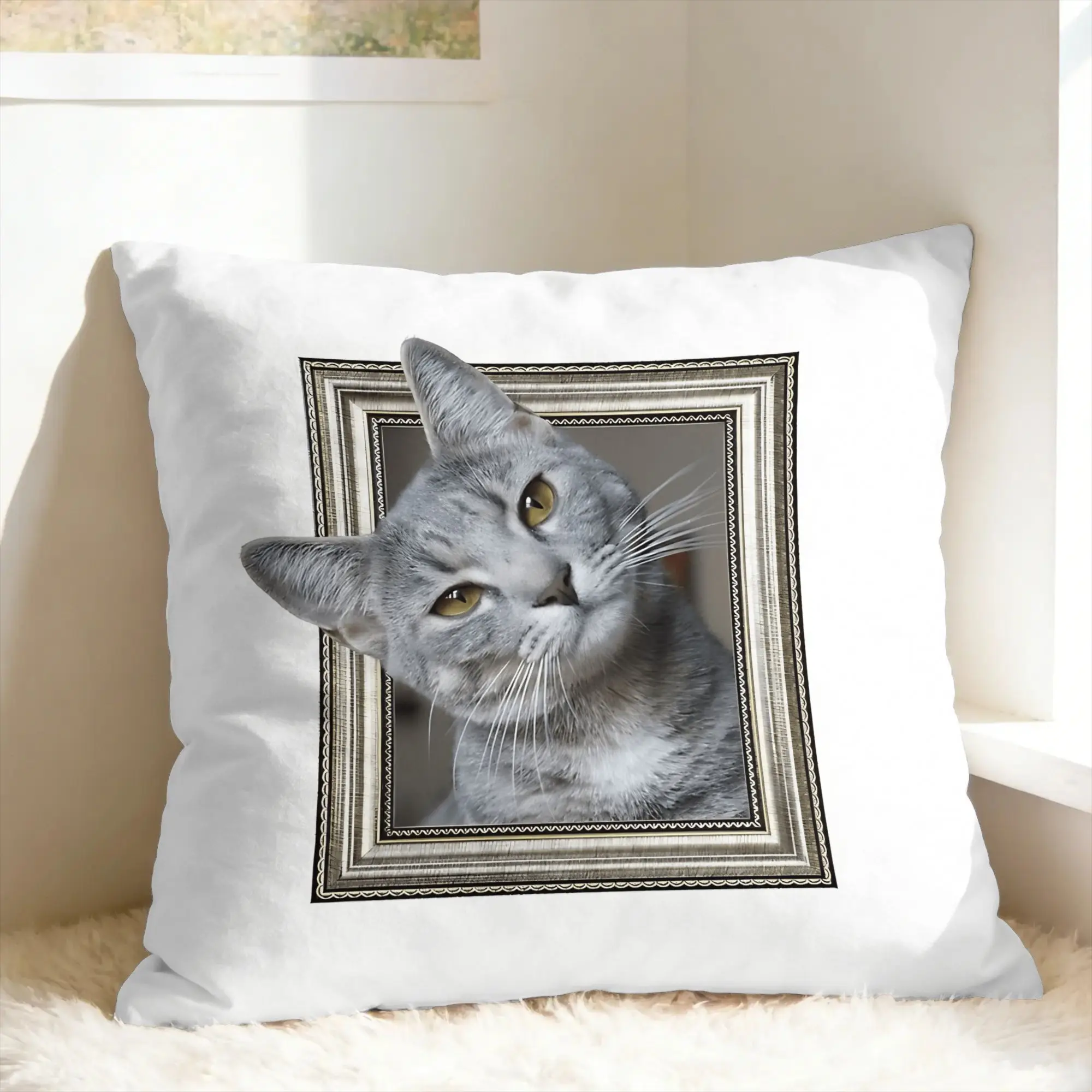 Cute Caroon Cat Portrait Photo Frame Art Pillow Cover  Soft Cushion Cover Retro Trendy Pillow Case For Sofa Car Home Decor