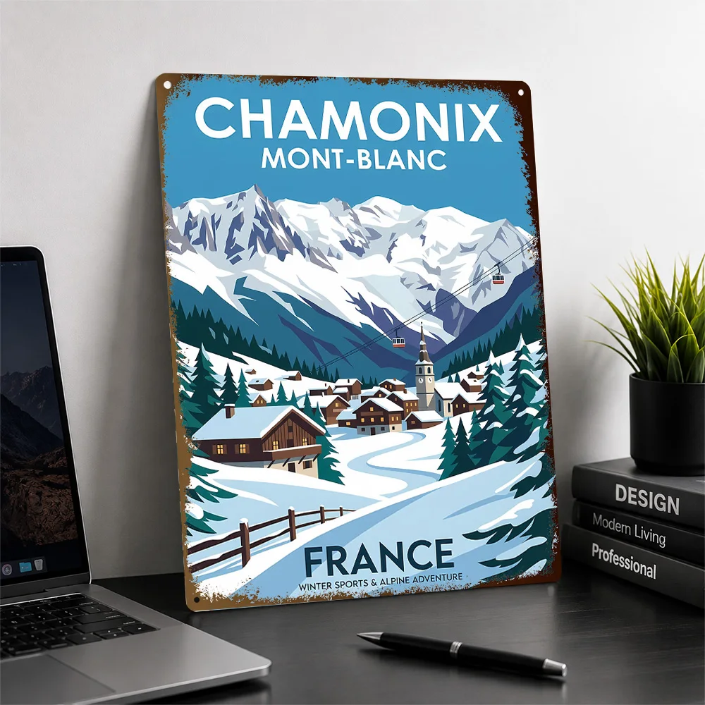 Chamonix Mont-Blanc Travel Aluminum Poster Customized Metal Tin Sign Vintage Coastal Vista Style Wall Art Enhances Home Office