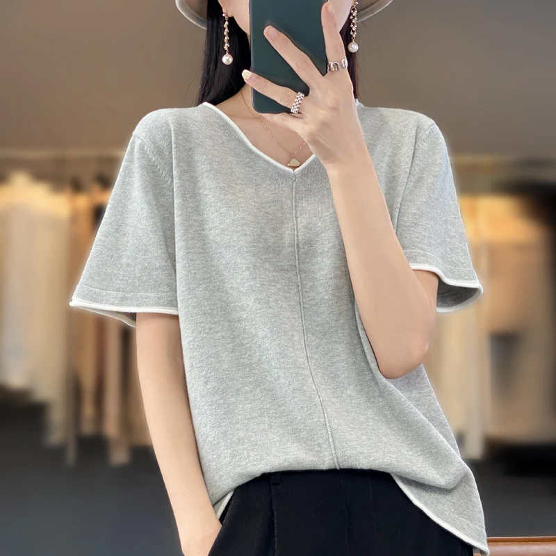 100% cotton T-shirt Women\'s V-neck pullover short sleeve summer new casual knitting loose top fashion color contrast T-shirt