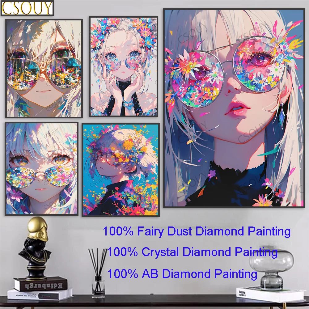 100% Fairy Dust Square Diy Diamond Painting Cross Stitch Floral-patterned Glasses Embroidery Mosaic Home Decor Needlework Crysta