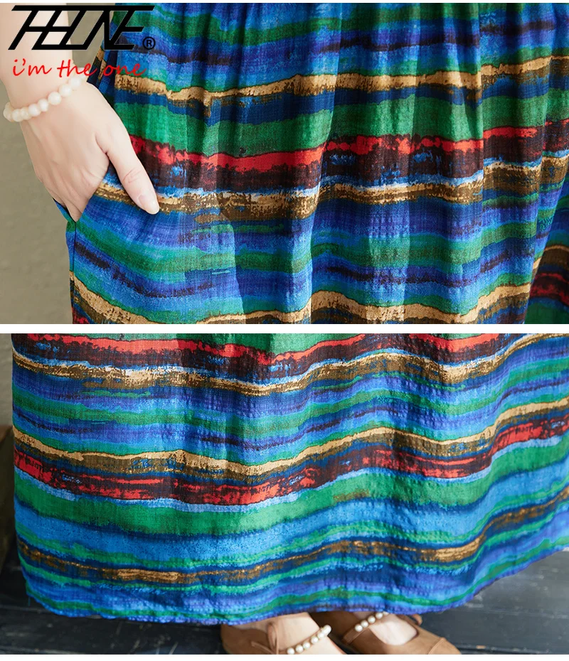 THHONE Robe Summer Dresses for Women Vestidos Loose Vintage Bohemian Striped O Neck Short Sleeve Cotton Linen Casual Clothes 6