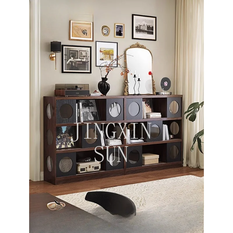 

French retro solid wood half wall bookcase with glass door low bookshelf module combination living room vinyl record magazine ca