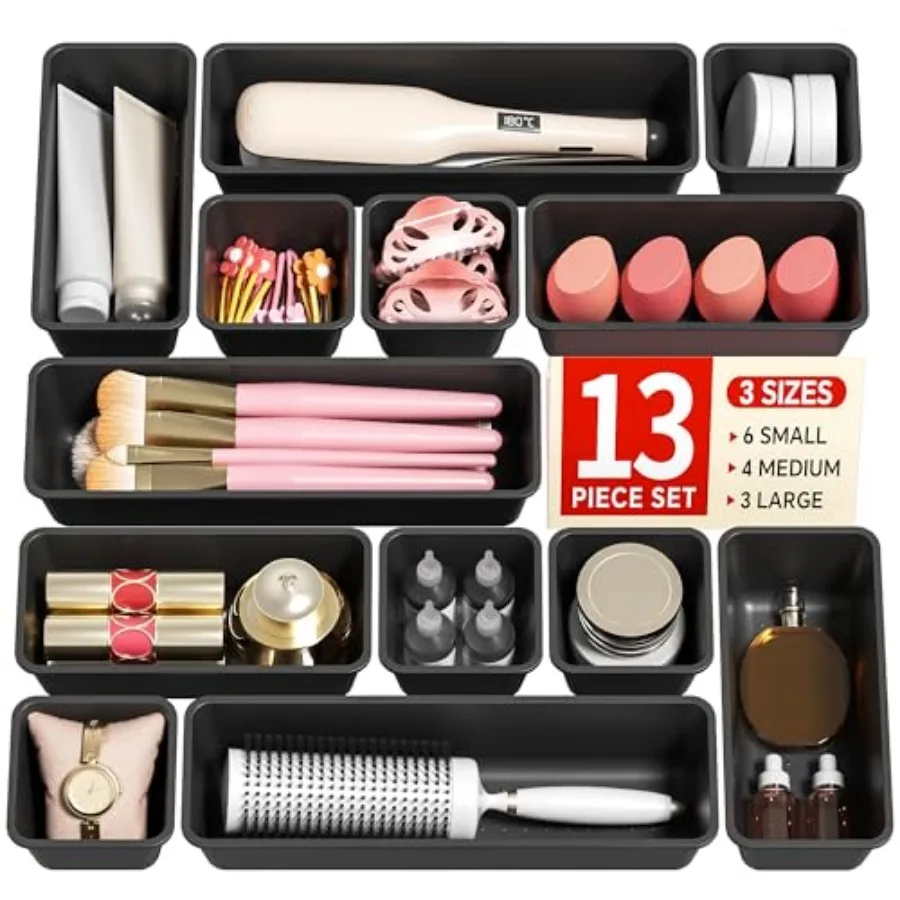 

13 Pack Plastic Drawer Organizers Set, 3 Sizes Desk Drawer Organizer Trays for Vanity and Makeup Organizer, Organization and St