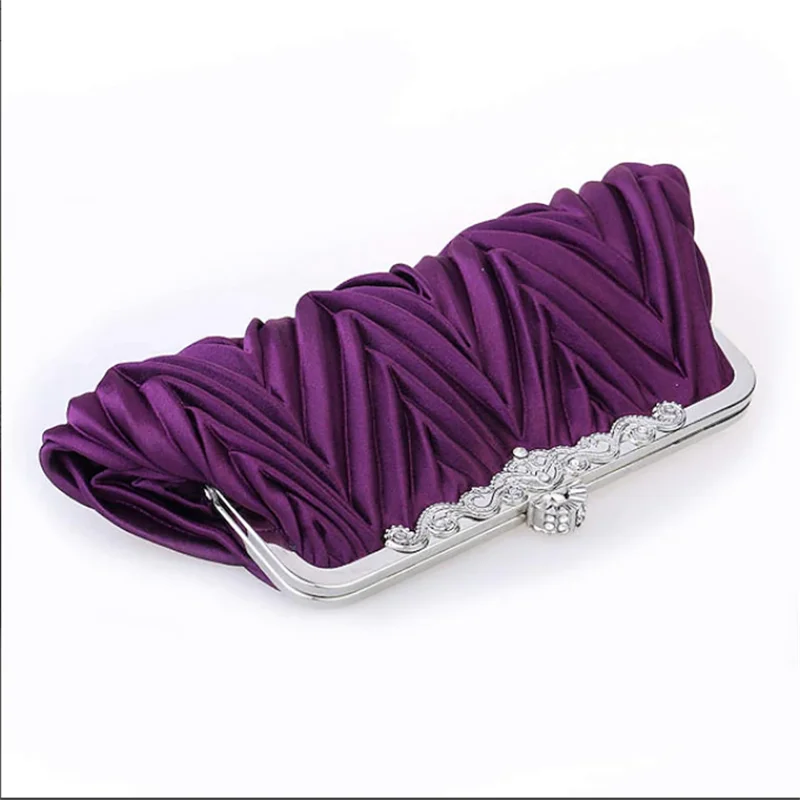 Purple Women's White Satin Pleated Evening Clutch – Elegant Floral Metal Frame Handbag for Wedding Cocktail & Formal Events