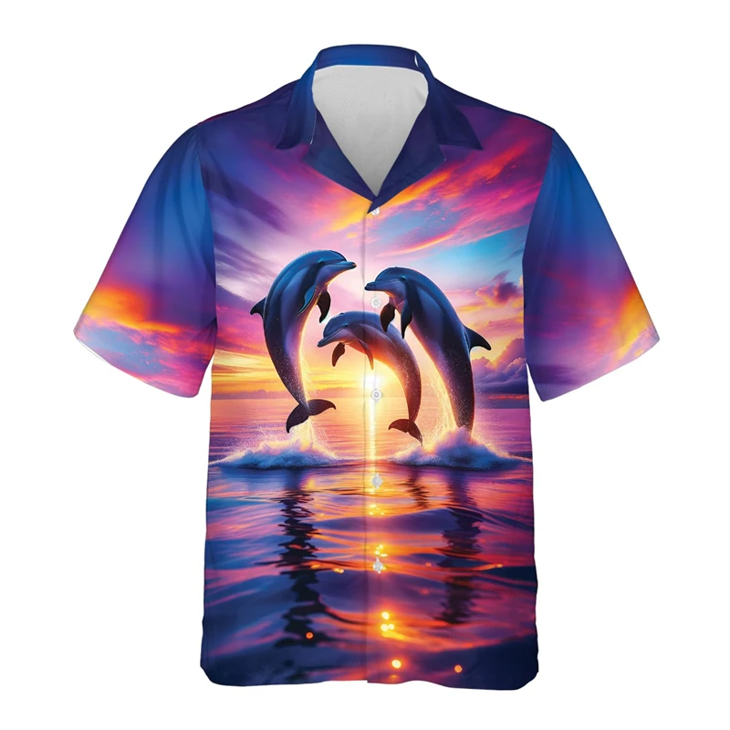 Cute Dolphin 3D Printed Shirts For Men Clothes Mammals Hawaiian Beach Shirt Aloha Flower Women Lapel Blouse Kawaii Button Tops