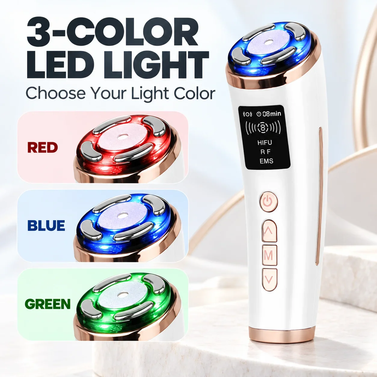 Electric Facial Massager with 3 LED Colors Adjustable Intensity Digital Display Handheld Skin Care Device for Home Use