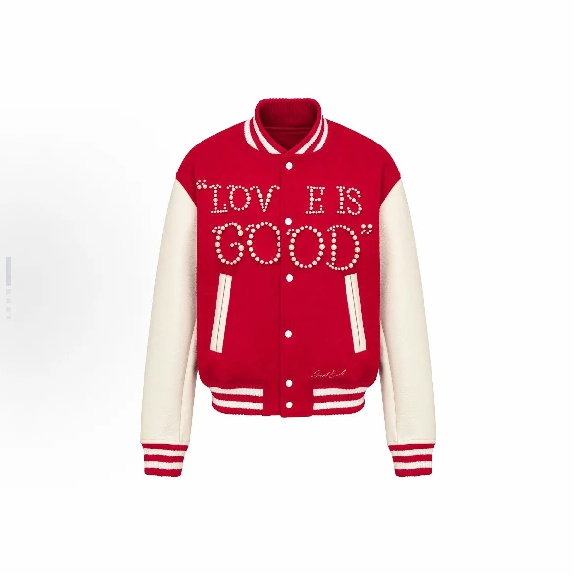 

Goodbrand New 2026 High-Quality Love is Good Classic Pearl Slogan Color-Blocked Baseball Jacket Versatile Fashion Jacket Unisex