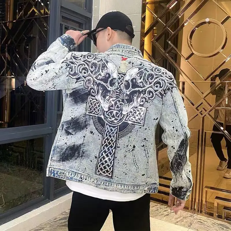 

Men's Denim Jacketmen's Spring And Autumn New Hot Selling Street Motorcycle Punk Heavy Industry Sequins Skull Embroidery Graffit