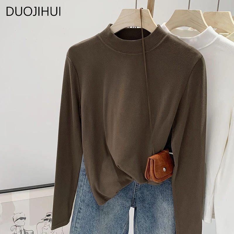 DUOJIHUI Korean Oatmeal Classic Long Sleeve Female T-shirts Autumn Basic O-neck Solid Color Fashion Simple Loose Women T-shirts