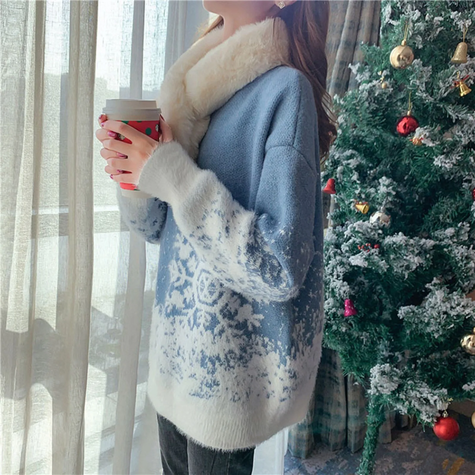 Women's Sky Blue Christmas Sweater Turtleneck Loose Fit  Longline Thick Knit  Autumn/Winter New Snowflakes Kniited Outerwear