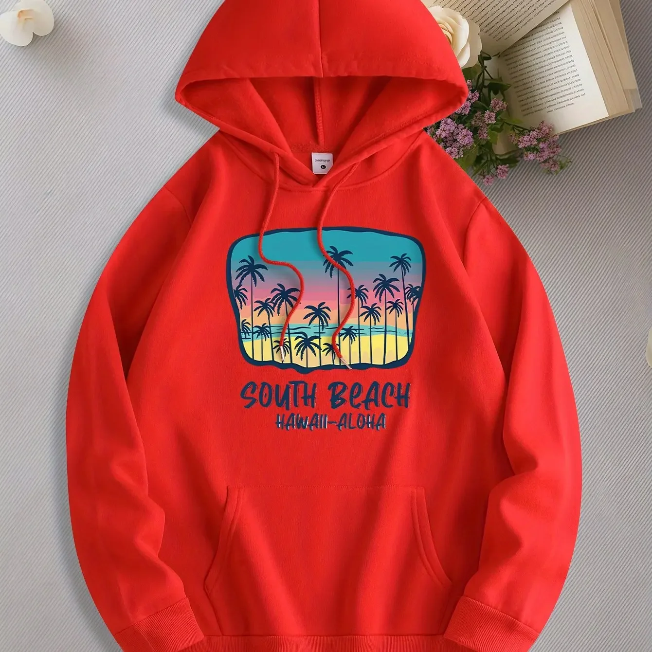 Rectangle Frame Palm South Beach Hawaii Aloha Hoodie Unisex Retro Tropical Beach Holiday Long Sleeve Hooded Sweatshirt