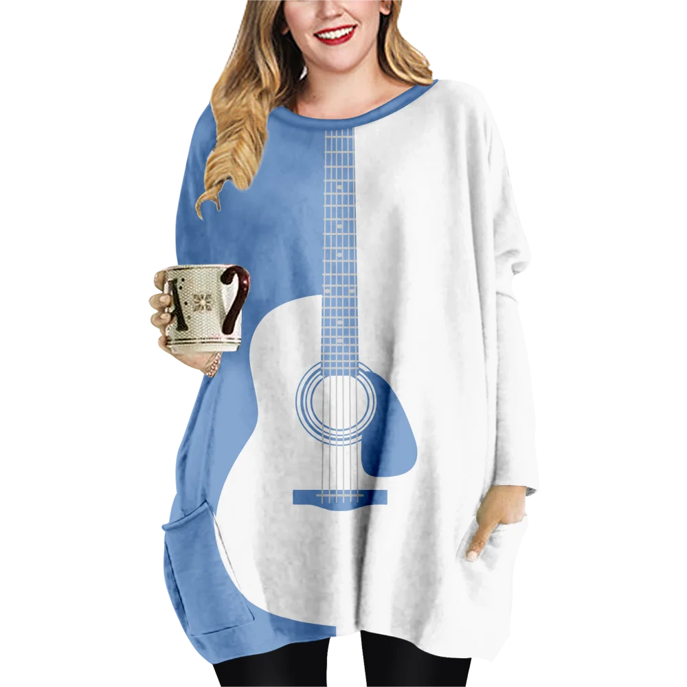 Guitarra impressão retalhos imprimir solto estilo casual senhoras camiseta duplo bolso vestido em torno do pescoço manga comprida vestido-