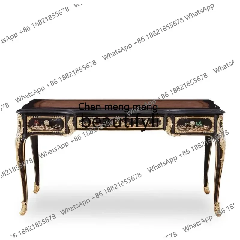 

Письменный стол, американский французский ретро-стол с резьбой по дереву, компьютерный стол из воловьей кожи