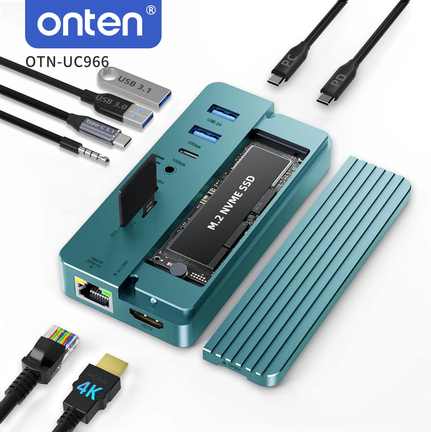 

ONTEN 10 in 1 USB C Docking Station 10Gbps M.2 NVMe SATA SSD Enclosure Gigabit Ethernet 4K HDMI PD Type C Hub Multi Port A