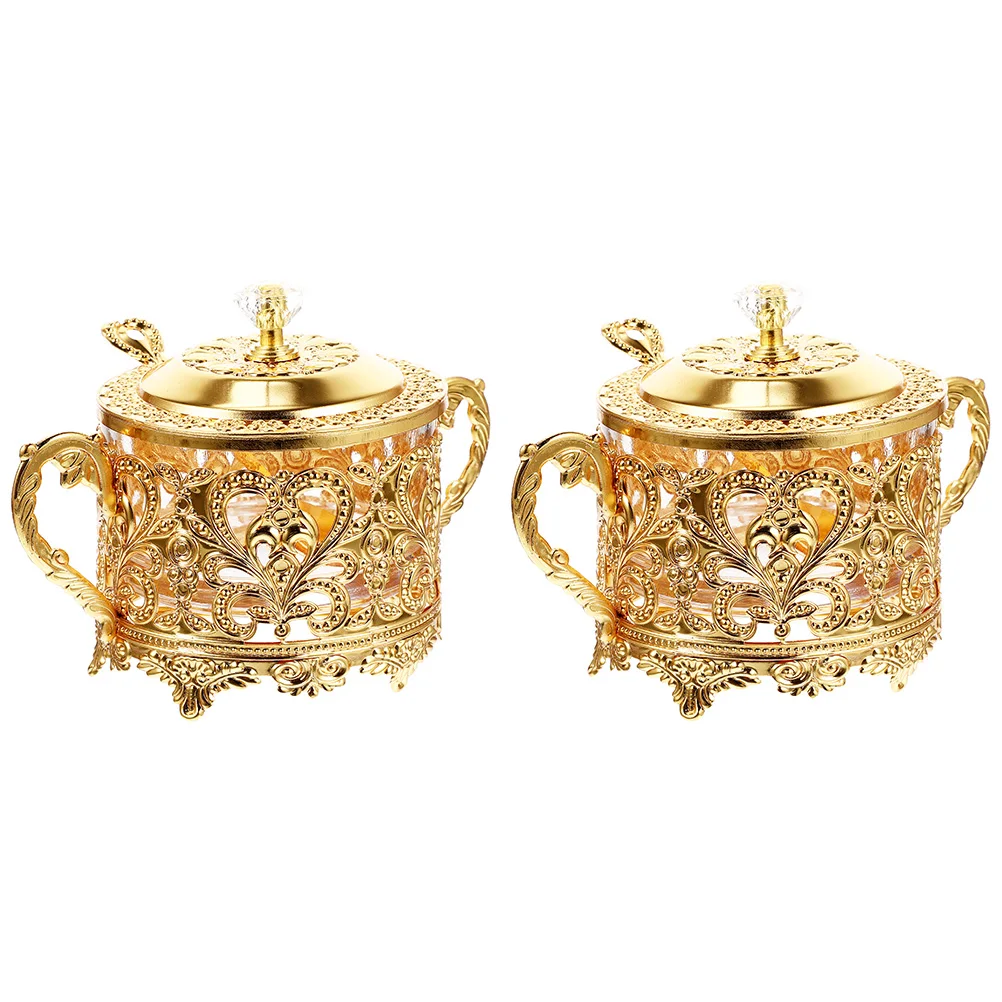 

2 Sets Luxury Golden Jars Metal Glass Storage Jars Food Containers Seasoning Jars With Lids Condiment Box Sugar Bowl With Spoons