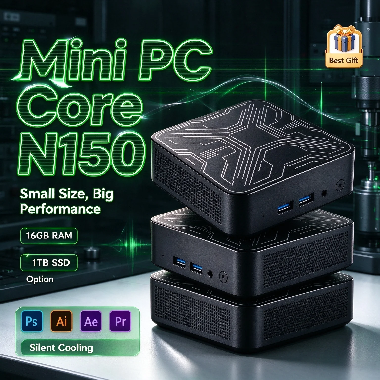 Mini PC Intel Core N150 2026, 16GB RAM, 1TB NVMe SSD, Triplo HDMI 4K UHD, WiFi6, BT5.2, Silencioso, Sem Ventoinha, para Escritório, Casa, Desktop, Pro Core