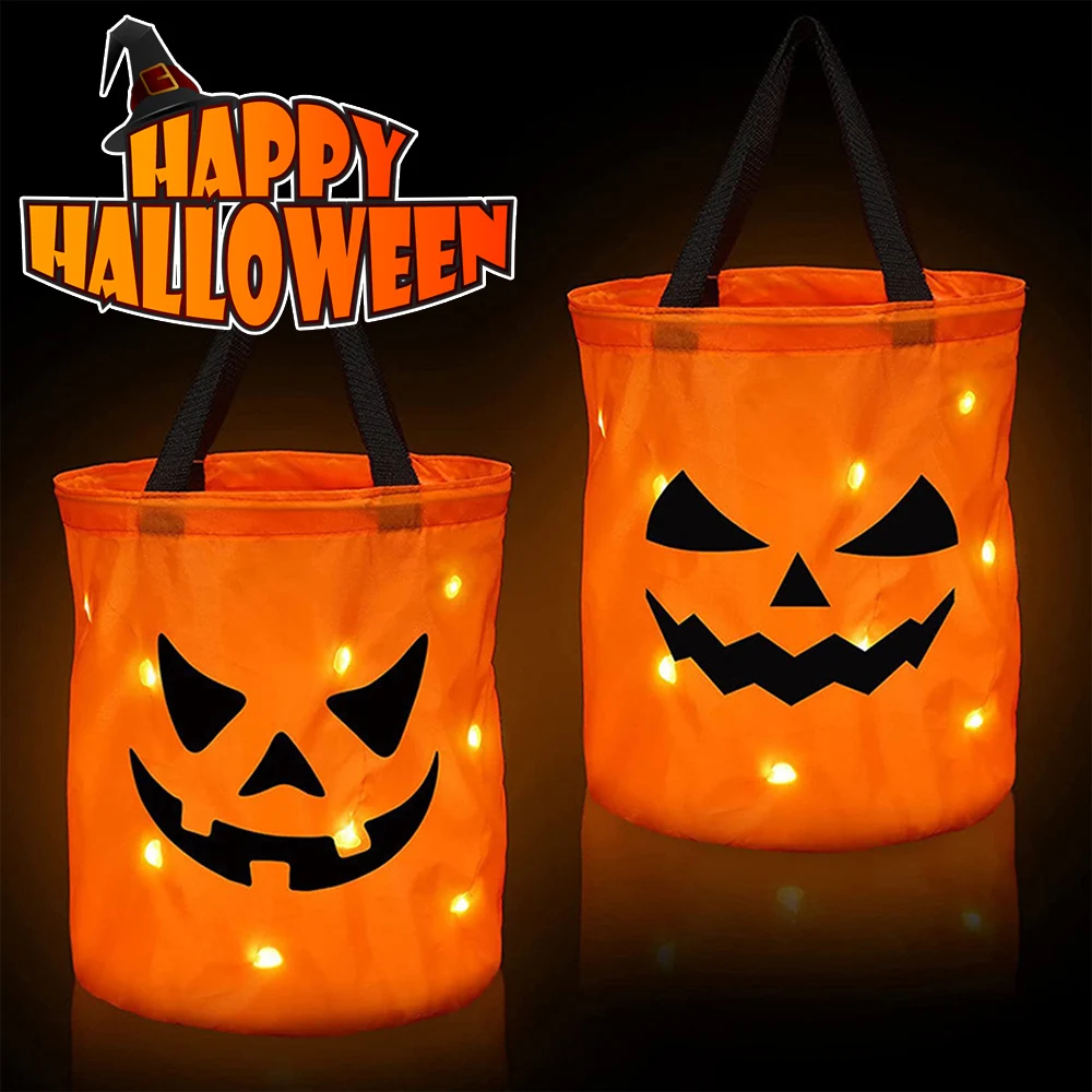 LED Light Halloween Decoration Trick or Treat Bucket Pumpkin Candy Bags Collapsible Halloween Basket for Thanksgiving Party Gift